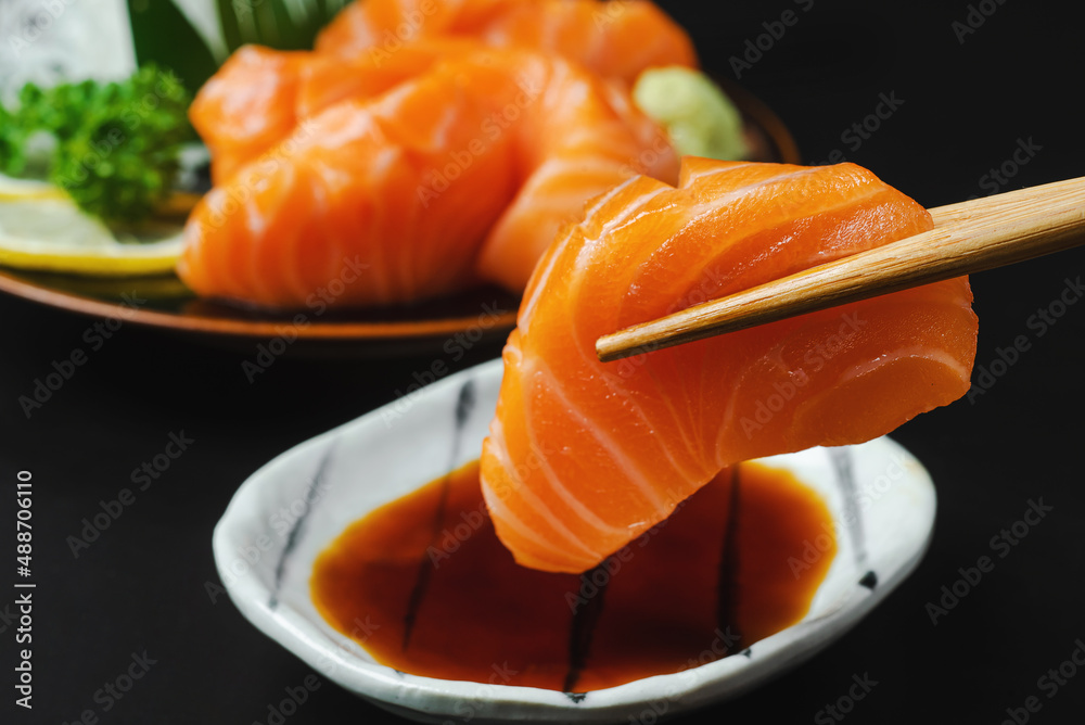 Sashimi, Salmon, Japanese food chopsticks and wasabi
