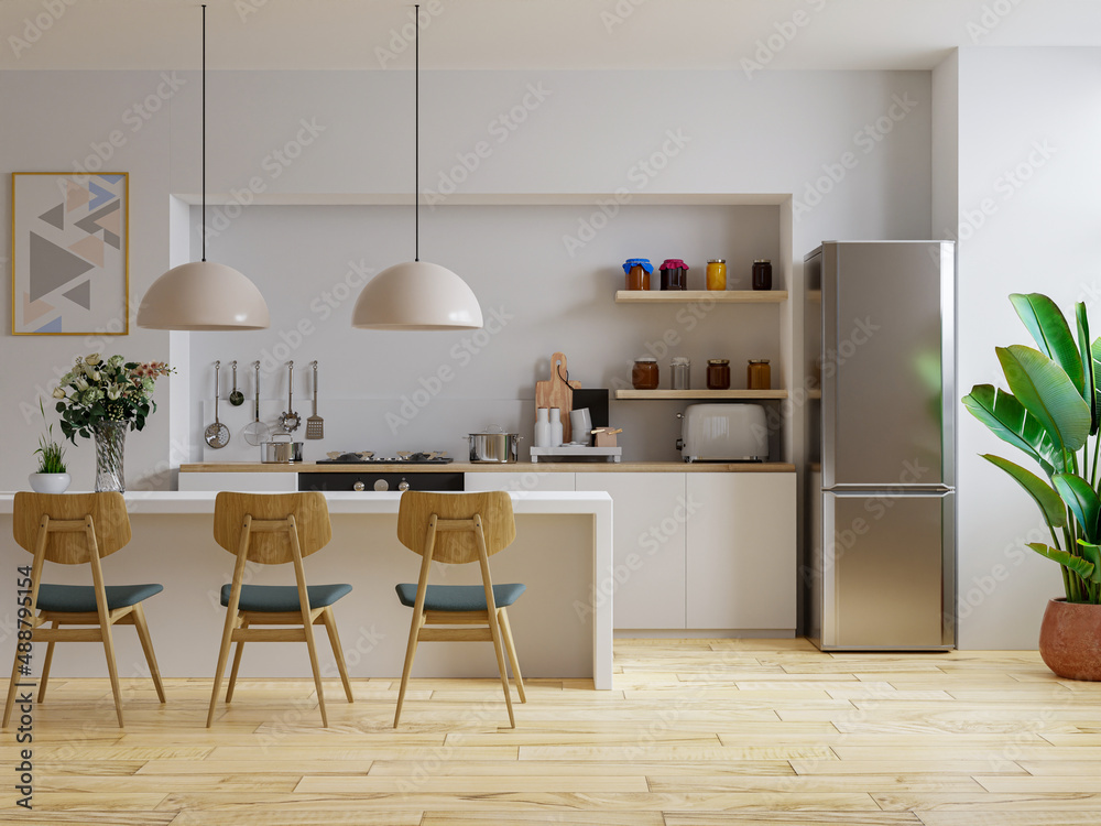 现代舒适厨房内部，木质和白色细节。