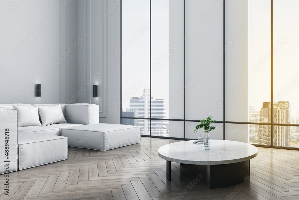 带家具的现代客厅内部，可欣赏到日光下的城市全景。3D渲染。