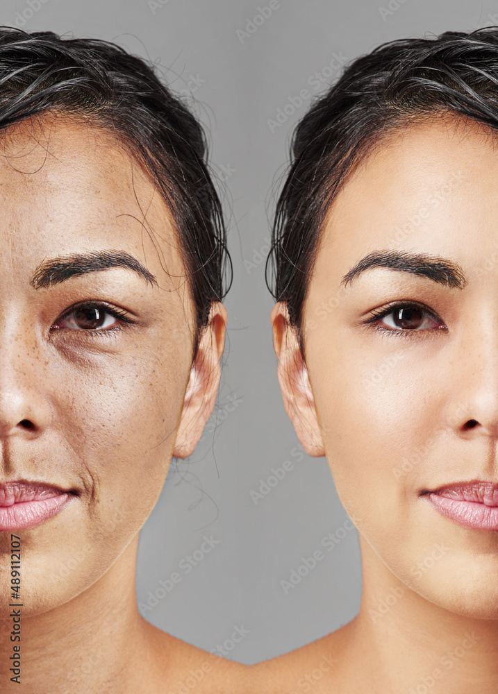 衰老的过程。一张女性脸的工作室照片减半，一侧老，一侧年轻。