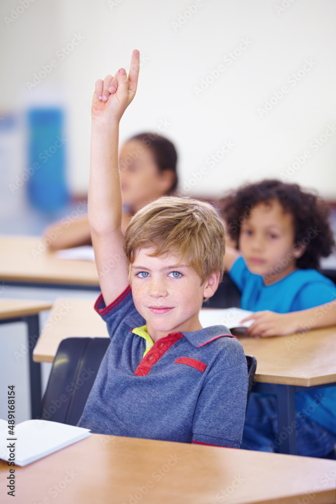 该死地回答你的问题。一个小男孩在课堂上举起手回答问题的画像