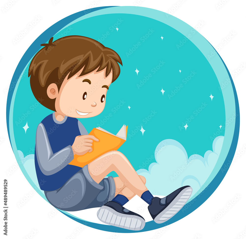 Little boy reading a book on white background
