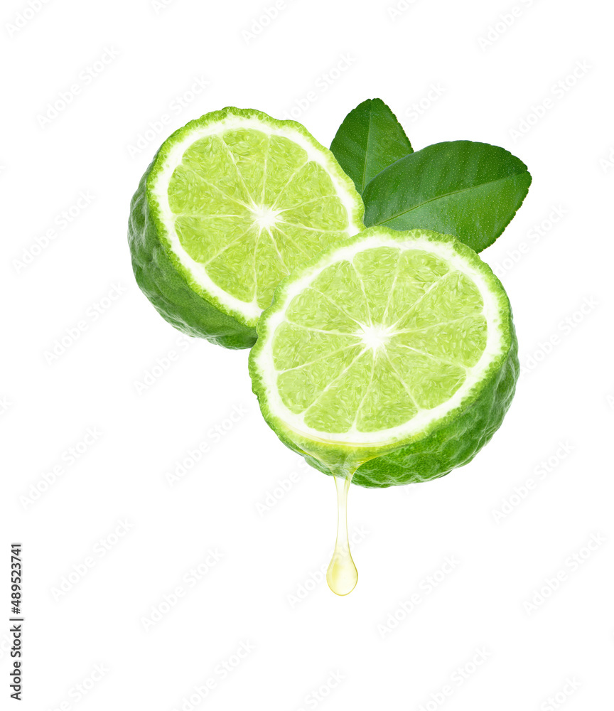 Bergamot essential oil dripping isolated on white background.