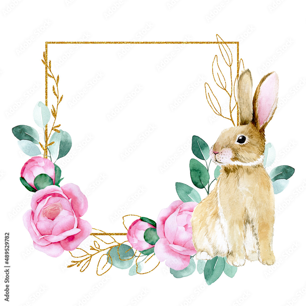 水彩画。金色框架，复活节兔子和花朵，金色桉树叶子。装饰