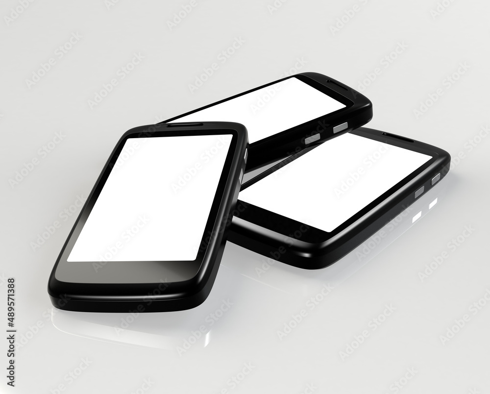 智能手机上的空白屏幕。拍摄了三部带有空白屏幕的智能手机。