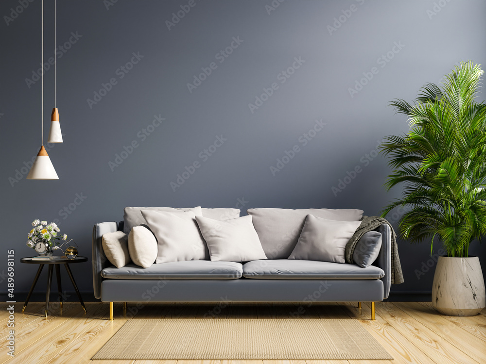 Cozy modern living room interior have sofa on empty dark wall background.