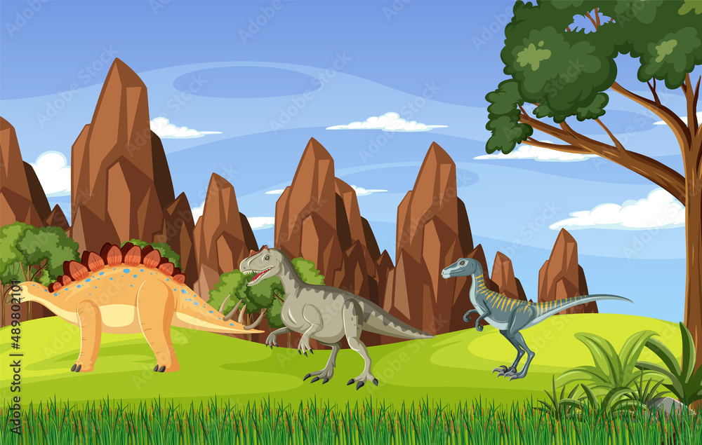 Scene with dinosaur in the field