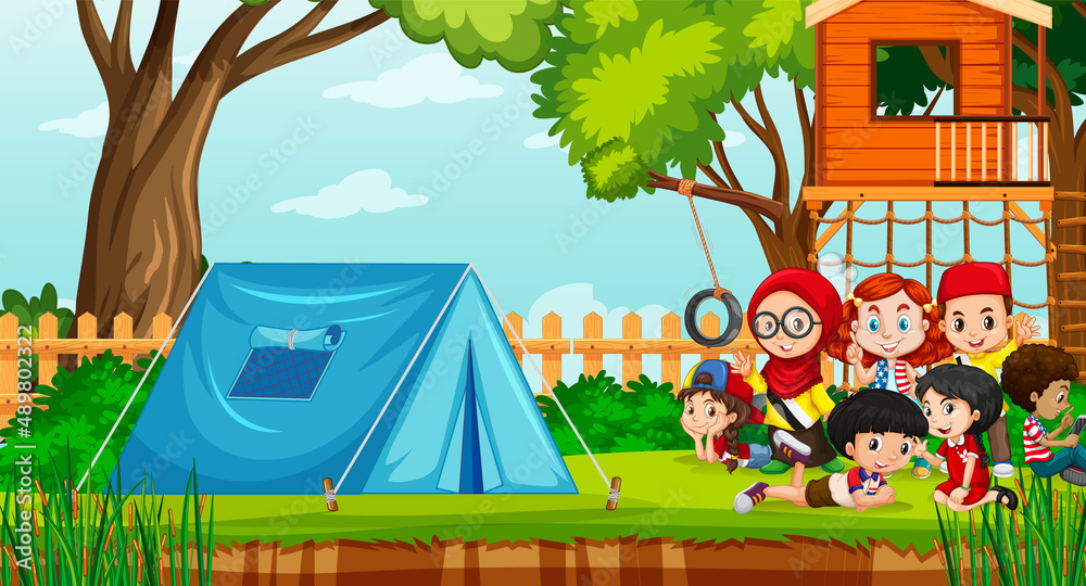 Scene with children camping in the park