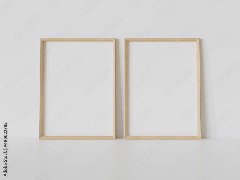 两个木框架靠在白色地板上的室内模型。墙上的图片模板3
