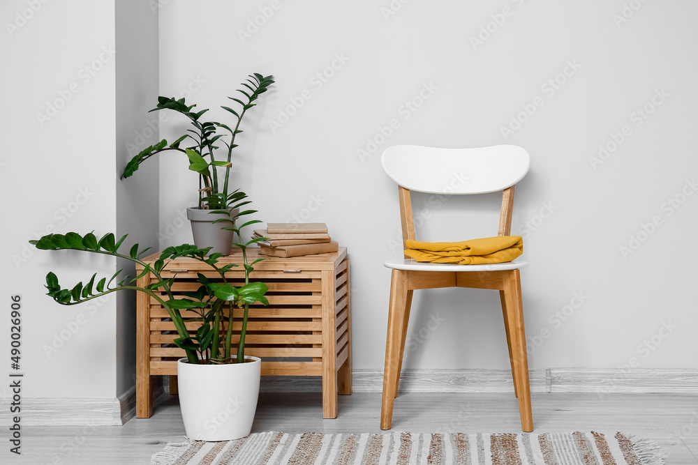 漂亮的室内植物，靠近浅色墙壁的桌子和椅子上有书