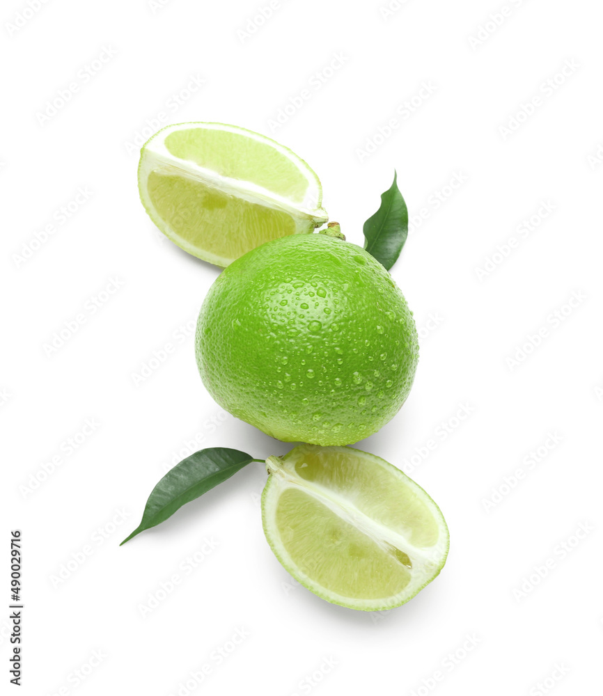 Ripe bergamot fruit with water drops isolated on white background