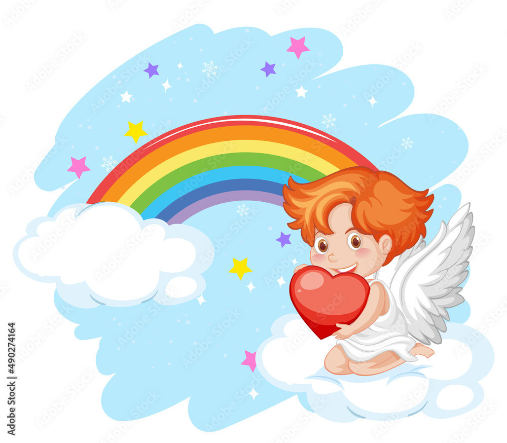 天使男孩抱着一颗心，带着彩虹坐在云上