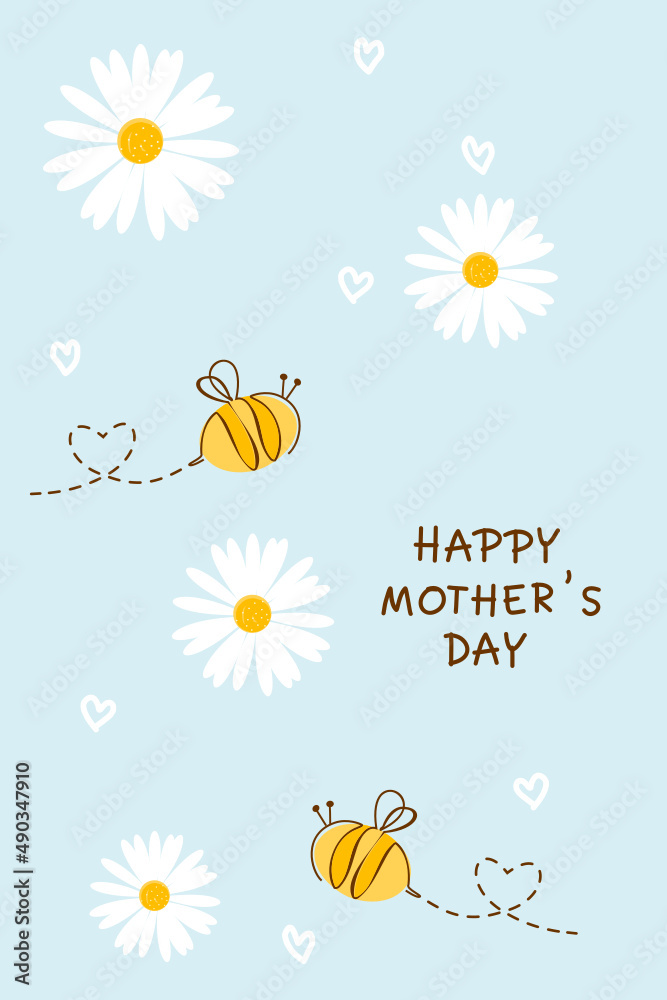 Mothers day card with daisy flower, bee cartoon and little hearts on blue background vector illustr