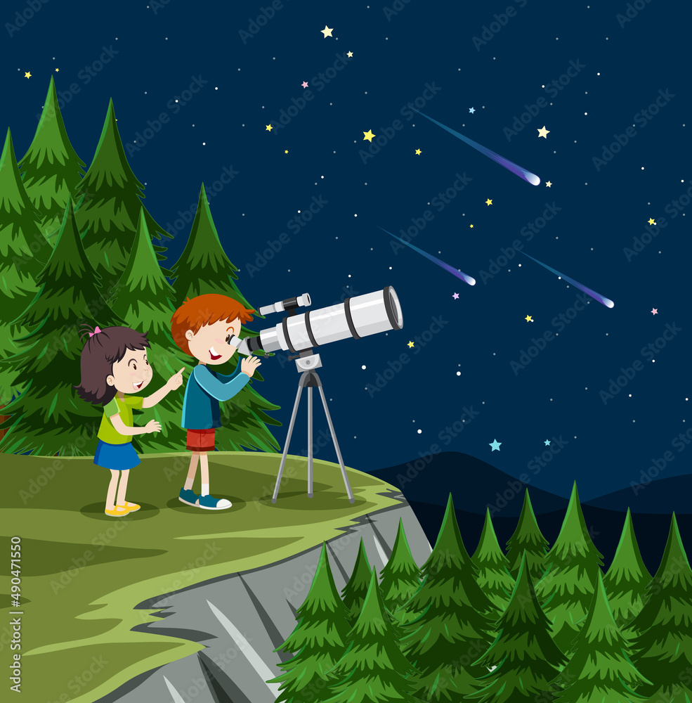 孩子们用望远镜看地球