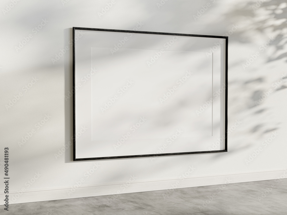 黑色框架悬挂在明亮的室内模型中。墙上框架图片的模板3D渲染