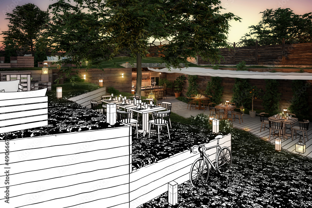 花园酒吧和餐厅（图纸）-三维可视化