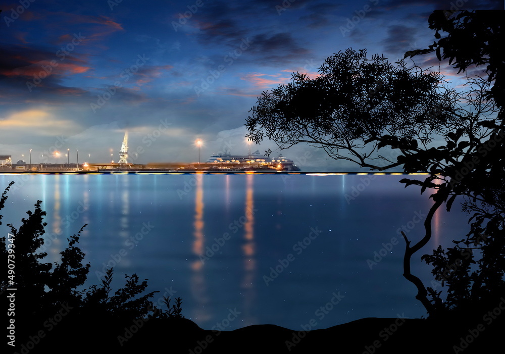 蓝色的夜空在港口种植树木剪影模糊的月光在地平线上游轮ligh