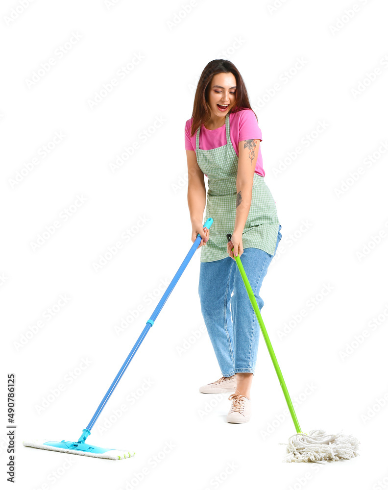 Young woman with floor mops isolated on white