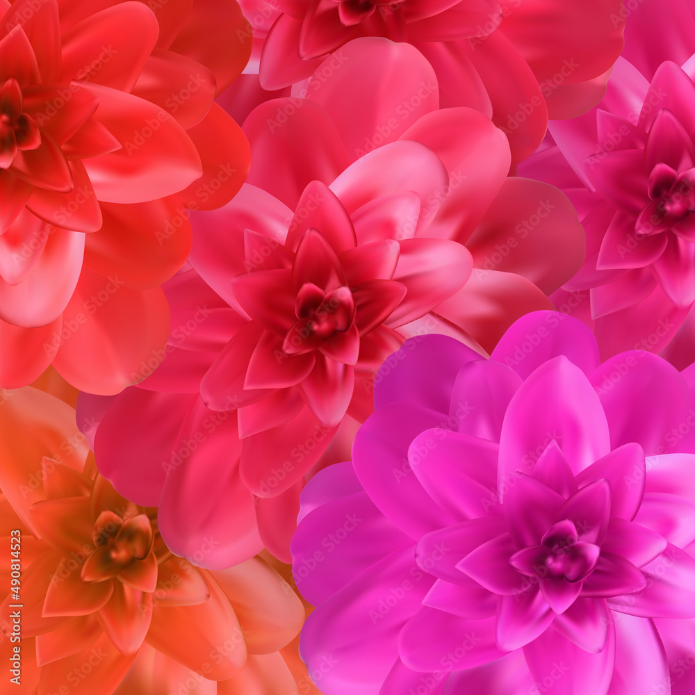 图案背景上五颜六色的自然花朵，粉红色、橙色、红色的山茶花。Illustrati