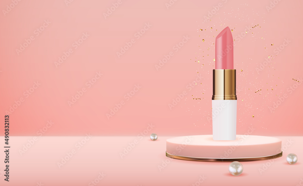 时尚化妆品产品珍珠设计模板粉色裙台上3D逼真天然口红