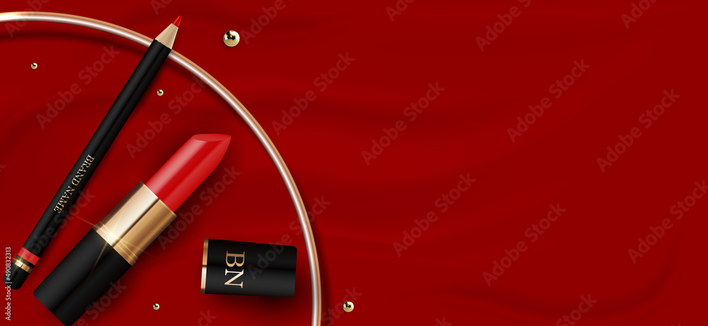 3D Realistic Red Lipstick, Pencil, Golden Ring on Red Silk Design Template of Fashion Cosmetics Prod