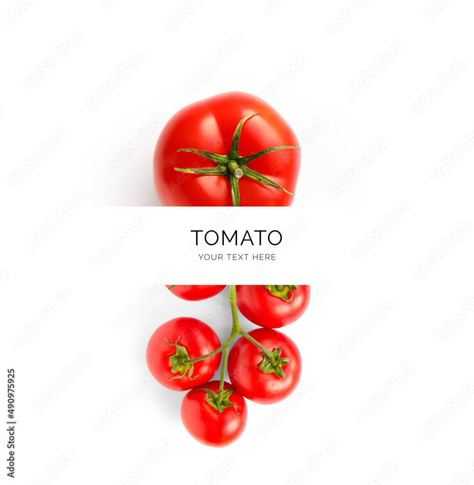 白底番茄创意布局。平面布局。食物概念。