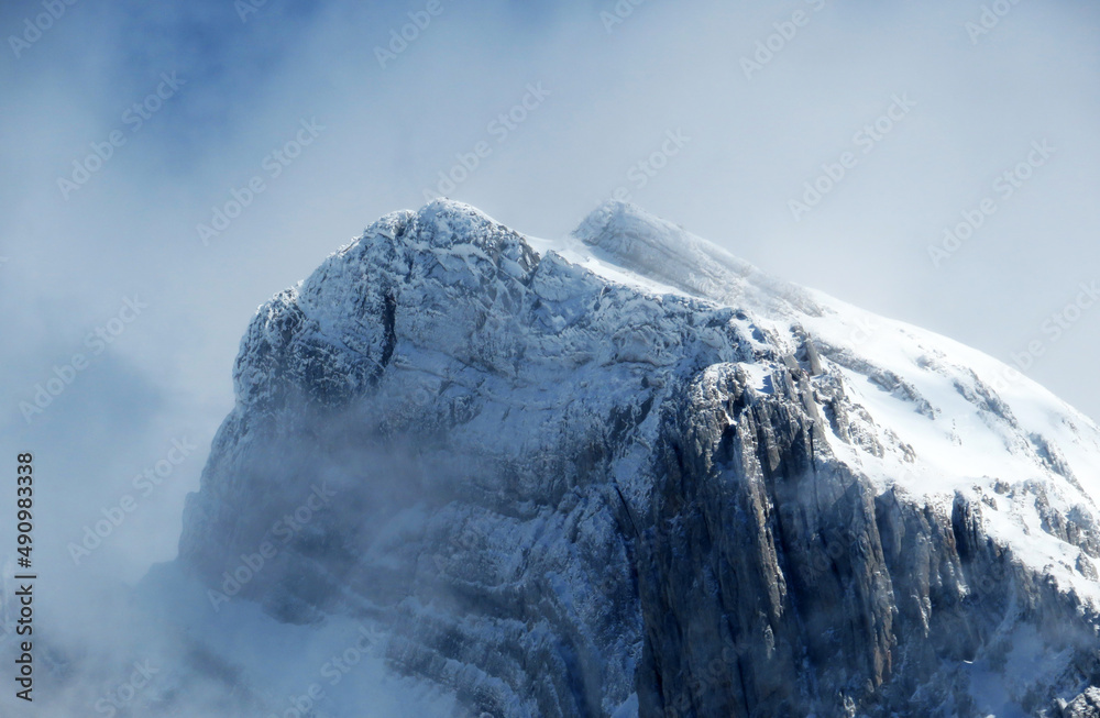 White blanket on alpine peak Wildhuser Schofberg (or Wildhuser Schafberg, 2373 m) in Alpstein mounta
