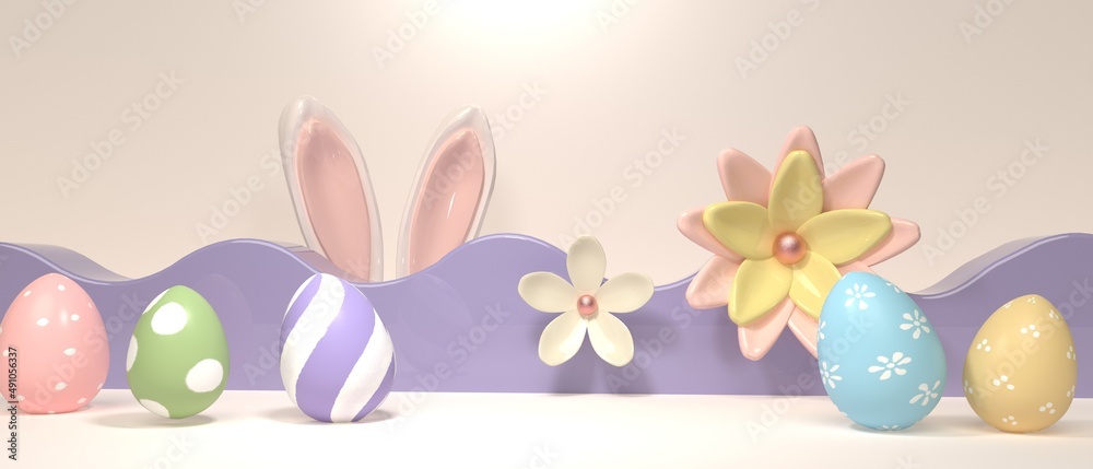 带装饰和兔子耳朵的复活节假期主题-3d渲染