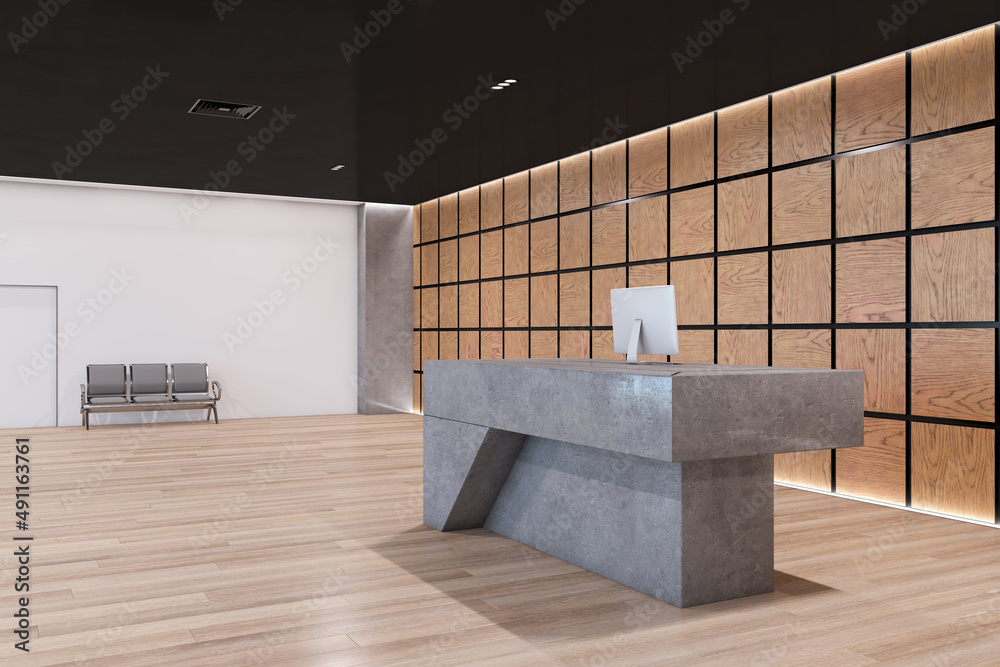 带抽象混凝土接待台的创意木质内饰。办公室或酒店大堂概念。3D Re