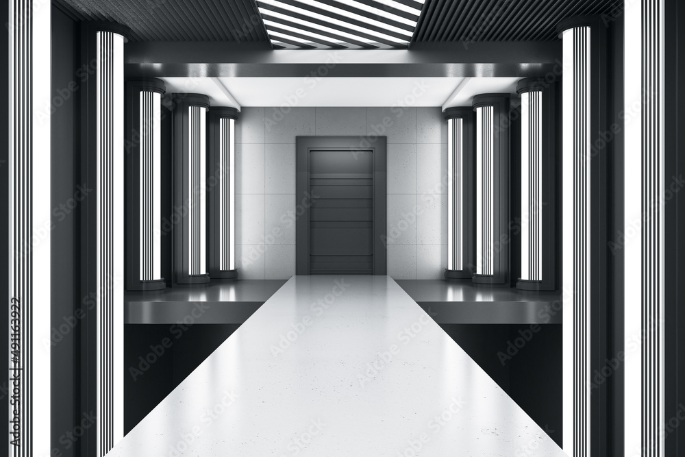 带门和反光的现代豪华内饰。设计理念。3D渲染。