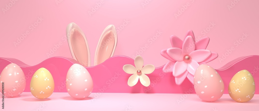 带有装饰和兔子耳朵的复活节假期主题-3d渲染