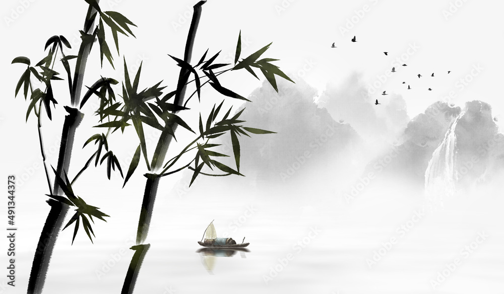 春季山水画中国风山水背景插图