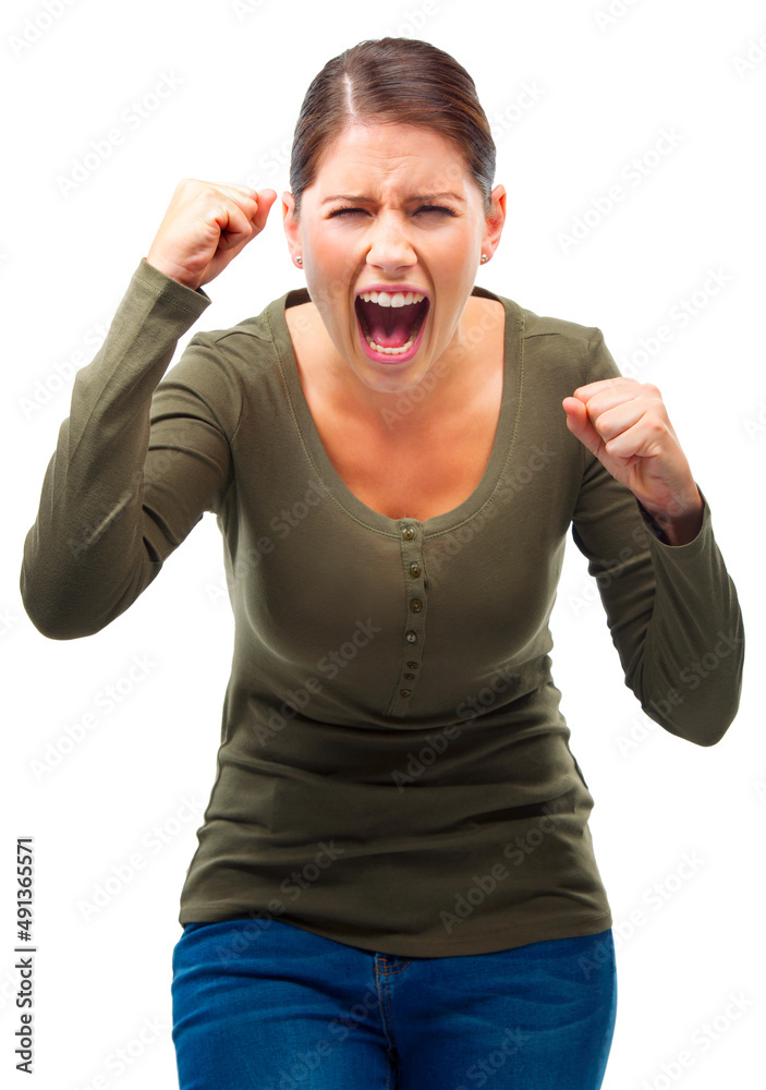 Everyone has a limit. Studio shot of a young woman shouting in anger isolated on white.