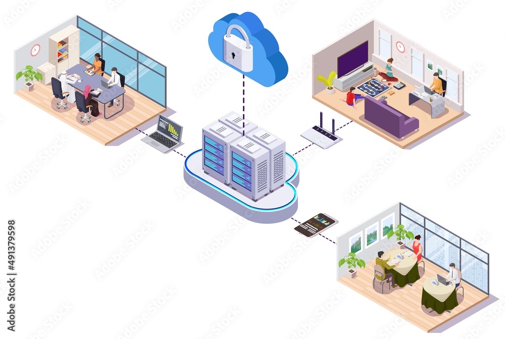 Connected to cloud storage people work at office, home, cafe. Remote work, data storage, vector isom