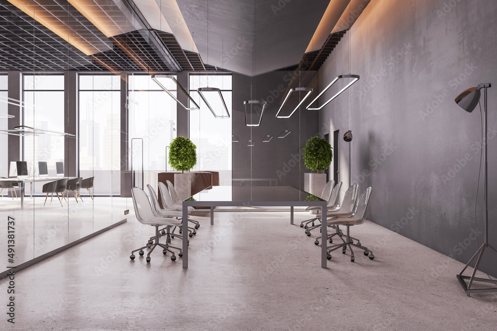 现代会议室内部，配有会议桌和城市全景。会议室概念。3D Re