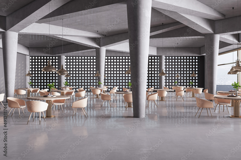 干净宽敞的混凝土餐厅内部，享有城市全景，桌子和椅子。自助餐厅p