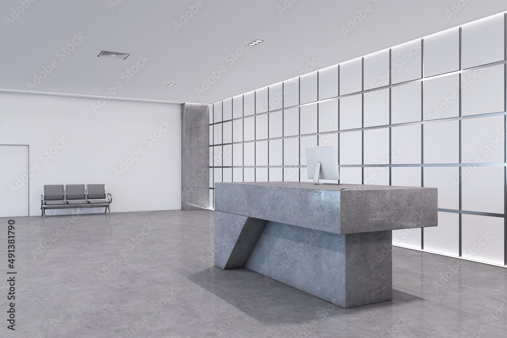 带有抽象混凝土接待台的简单室内。办公室或酒店大堂概念。3D渲染。