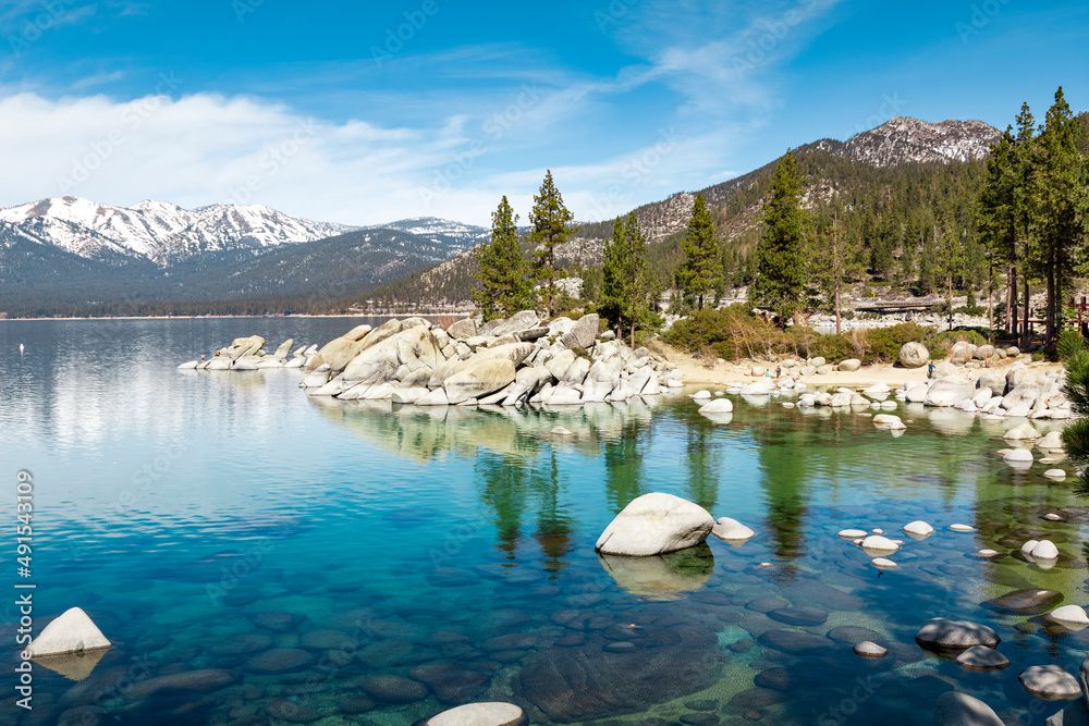 Lake Tahoe Sand Harbor, Sierra Nevada mountains covered with snow