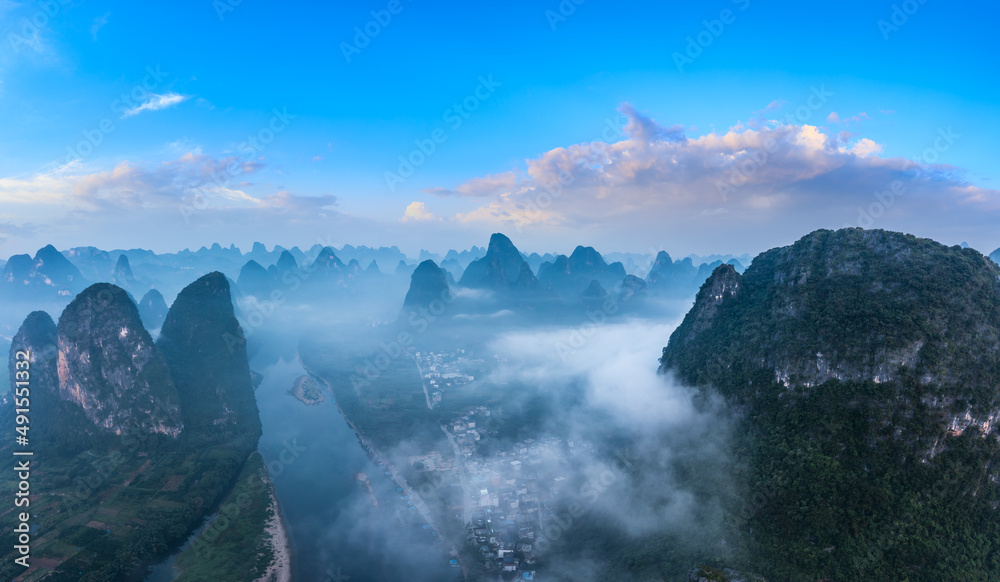 Aerial view of beautiful mountain and water natural scenery in Guilin, China. Guilin is a world famo
