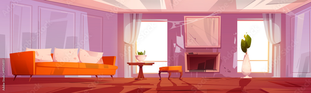 Old dirty living room in abandoned house. Vector cartoon illustration of empty home interior with me