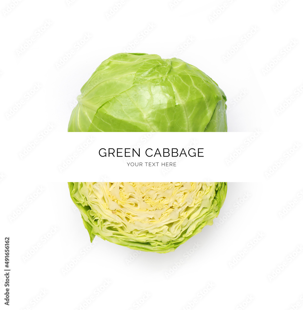 白色背景上用绿色卷心菜制成的创意布局。平面布局。食物概念。
