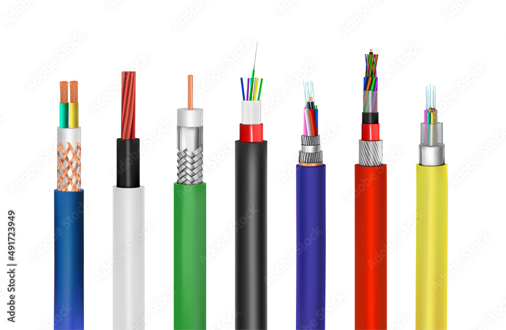 白色背景上的一组不同电缆。矢量图