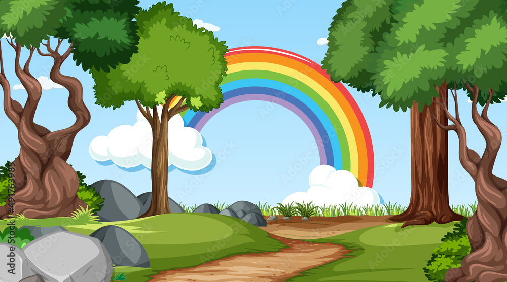 天空中有彩虹的自然森林景象