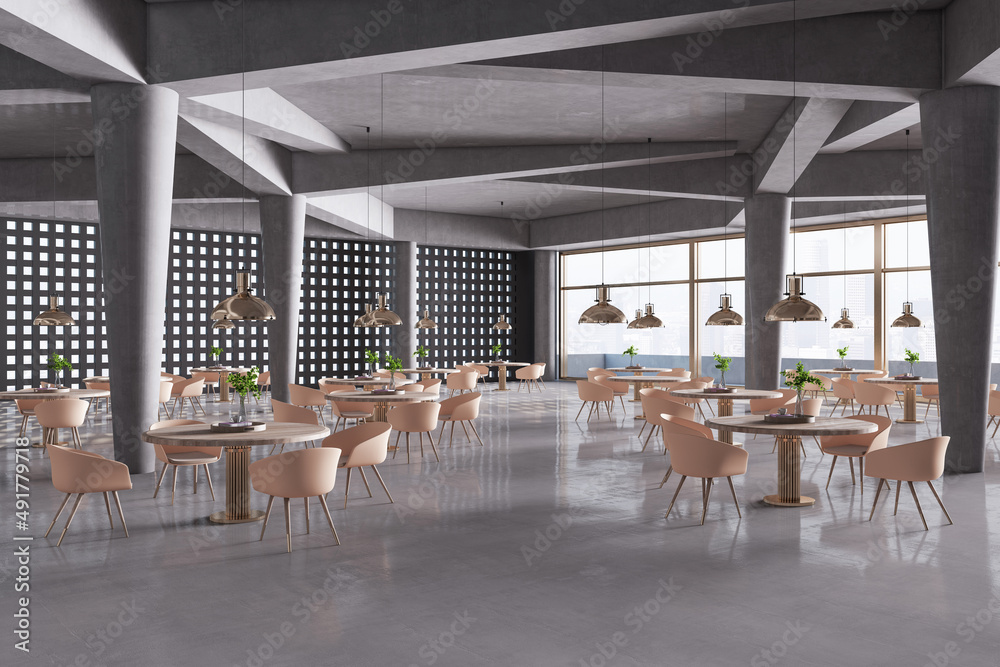现代宽敞的混凝土餐厅内部，享有城市全景，配有桌椅。自助餐厅