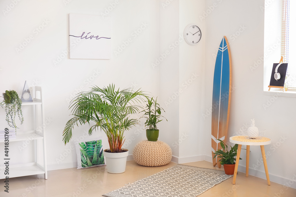 Interior of modern stylish room with surfboard and houseplants