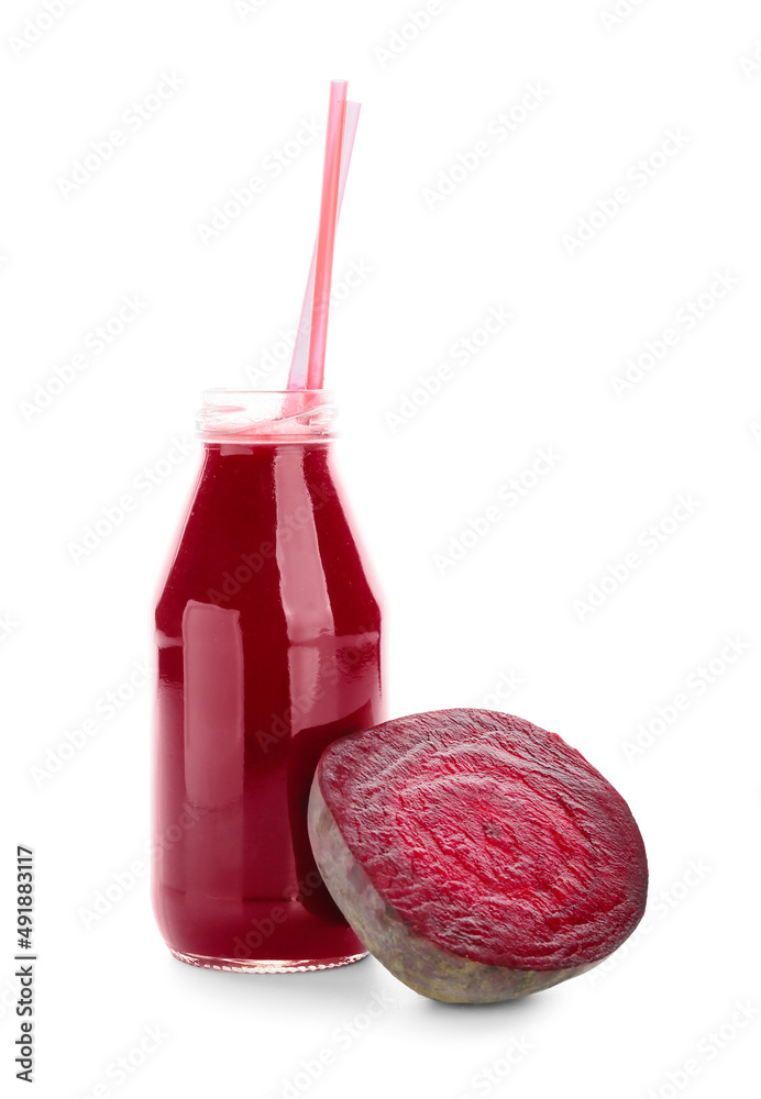 Bottle of healthy beet smoothie on white background