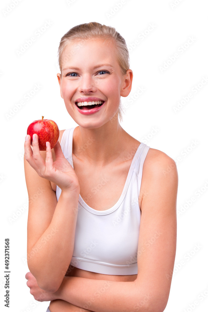 一天一个。一个手里拿着苹果的年轻漂亮女人的肖像。