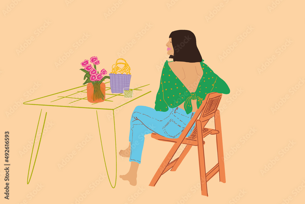 美丽的女人悠闲地坐在桌子旁，背景是花瓶。美丽，园艺
1998275939,房间里靠近绿色墙壁的桌子上有背包、帽子、鞋子和冲浪板