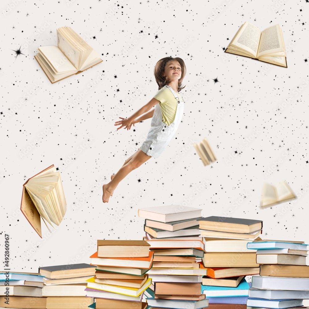 读得好的孩子。小女孩跳过一摞书的当代拼贴画