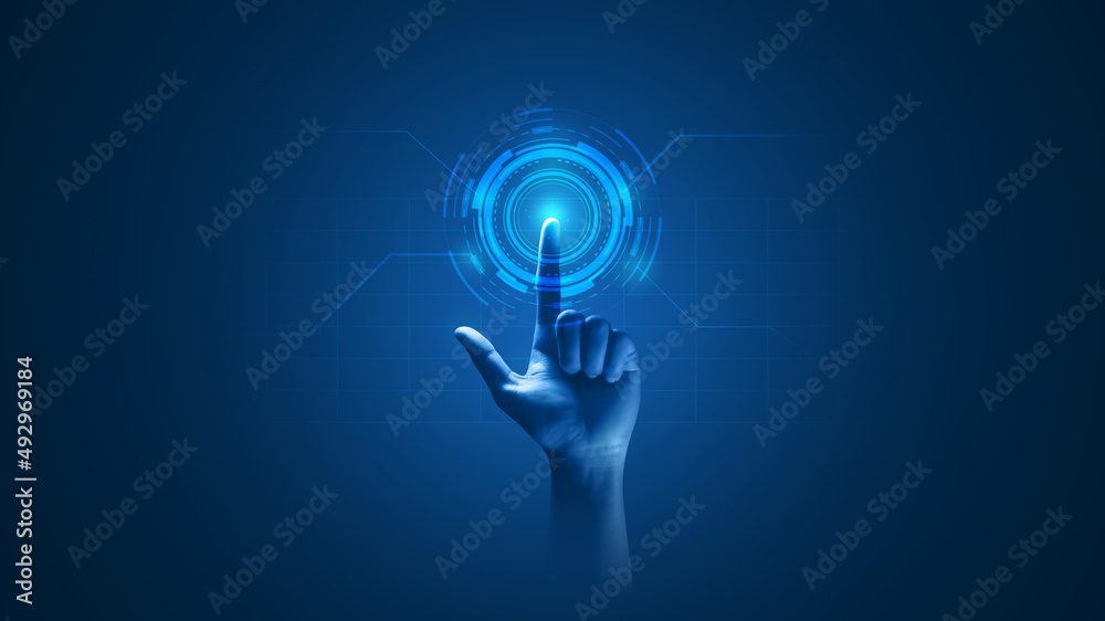 手触摸数字hud接口虚拟计算机屏幕显示的未来技术背景